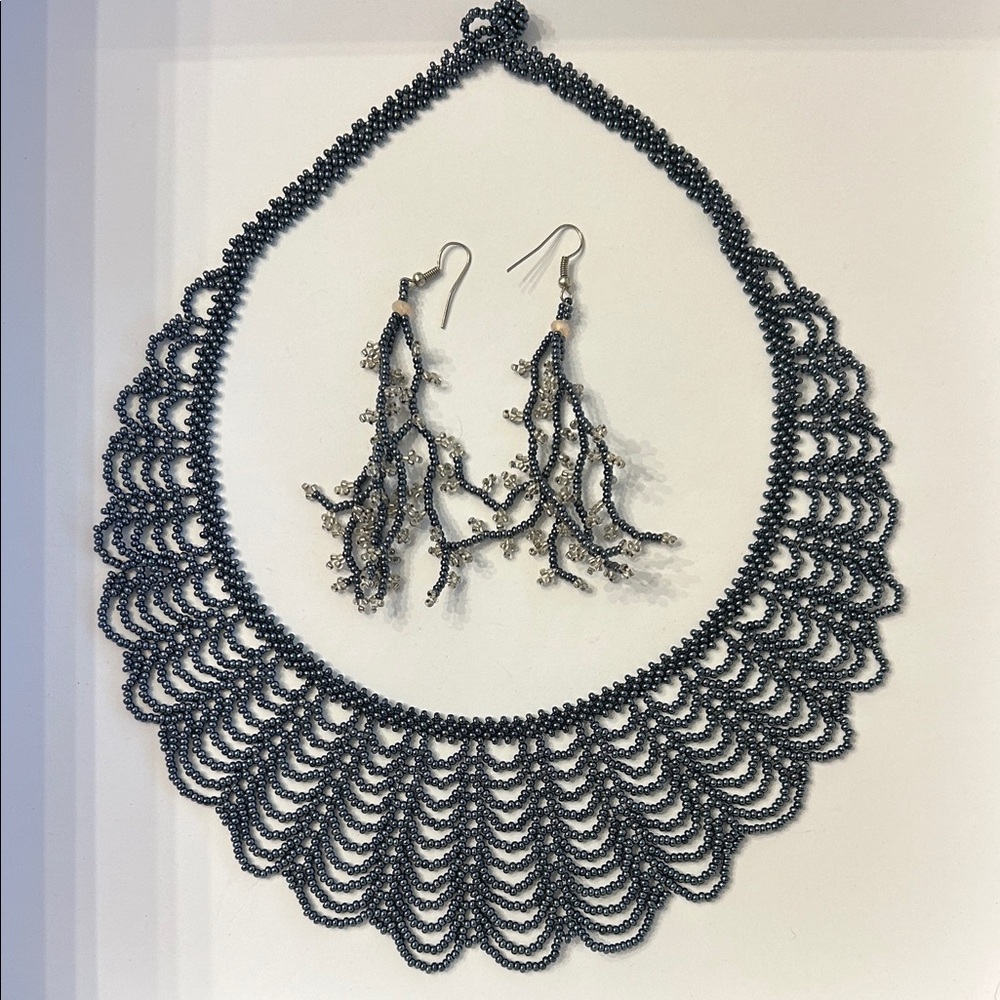 Handmade Dark Grey Beaded Necklace and Earring Set